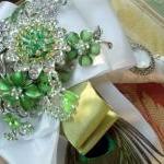 Apple Green Brooch Bouquet With Peacock Feather..