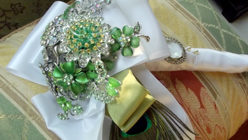 Apple Green Brooch Bouquet With Peacock Feather Decor And Pendant Centerpiece